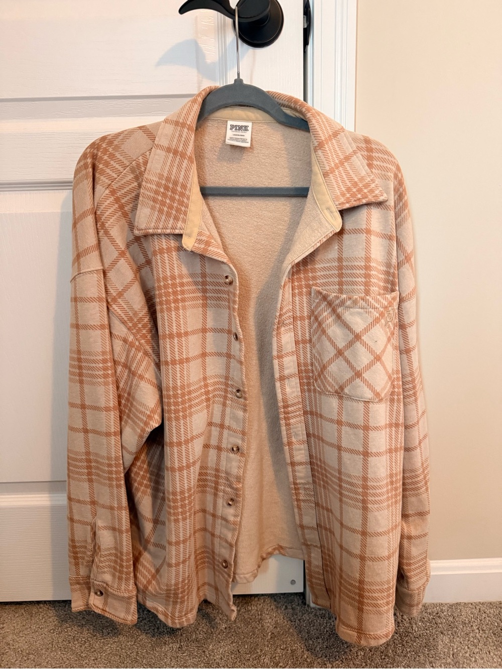 PINK Victoria's Secret Beige & Camel Plaid Button-Down Shirt Jacket